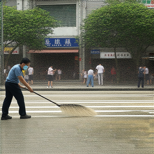油麻地街景，展示拖地與相反的有趣文化現象，人們在街道上活動，周圍環境富有地方特色，透過圖片揭示油麻地的秘密與歷史，吸引觀眾了解這片區域的獨特魅力與日常生活。