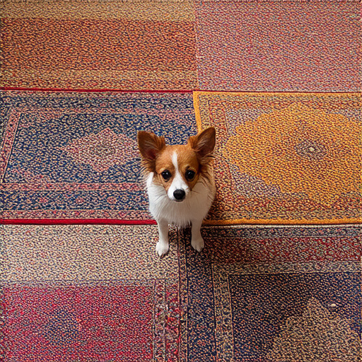 地毯上有顆小狗，牠看起來緊張，旁邊有各種顏色的地毯，這些地毯可能影響情緒，探索為何地毯會讓你緊張的驚人秘密，吸引人注意的畫面背景。