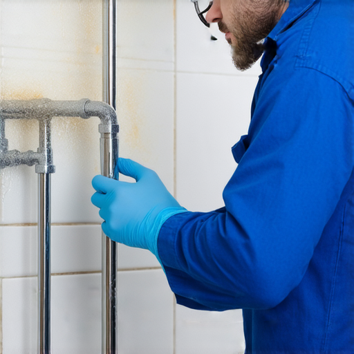 浴室漏水水管問題的檢查過程，技術人員在檢查水管連接，表現出潛在漏水的風險，提醒家庭注意隱藏危機以避免嚴重損害。