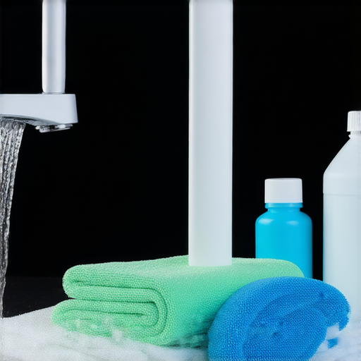 水龍頭出水慢的情境，顯示緩慢流出的水流，旁邊有三個清潔工具和解決方案，強調使用這三招改善水流，讓水流如飛，提升生活品質。