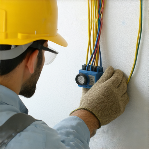 電工檢查牆內電線的安全作業場景，工人仔細檢查電線隱患，避免潛在安全危機，強調家庭電力安全和防範措施。