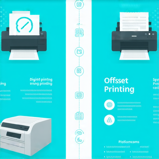 數碼印刷和柯式印刷的比較圖，展示兩種印刷技術的特點與優勢，幫助用戶選擇最適合的印刷方案，包括印刷速度、成本和應用範圍等資訊。