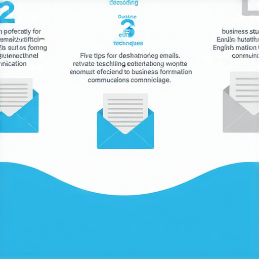 解密商業英文電郵的五個秘訣，強調提升溝通效率的技巧，背景為支援商業交流的相關圖示，展現有效書寫商業電郵的方式，吸引專業人士學習。