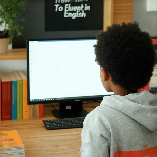 一位學習英語的學生坐在書桌前，專注於電腦螢幕，旁邊放著英語學習書籍，搭配標題英文零基礎瞬間變身流利達人的學習方法，展示學習的熱情與努力。