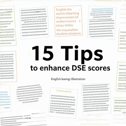 揭開英文學習的秘密，展示15個技巧幫助學生提升DSE成績，圖片中包含學習相關的圖示和筆記，鼓勵學生探索有效的學習方法，提升英文能力的視覺引導。