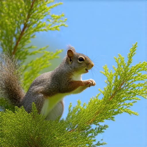 松鼠在樹上跳躍，展示靈活的身手，背景為蔚藍天空和綠色樹葉，圖片中包含松鼠評估技巧的主題標題，吸引觀眾探索揭開松鼠的秘密。