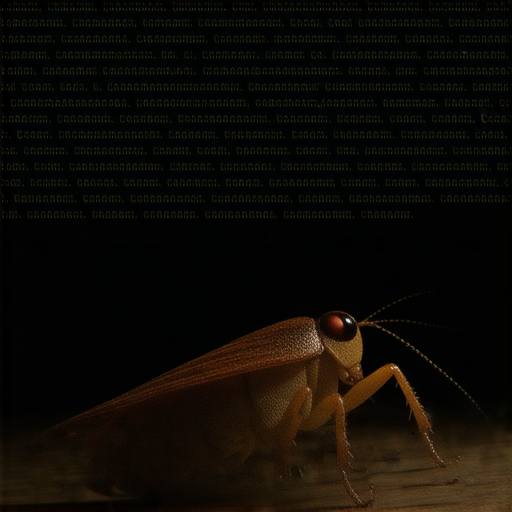 深夜驚悚場景，蟑螂在昏暗光線下爬行，背景顯示英語單字，揭示蟑螂相關知識，暗示其潛在的秘密與驚悚故事，吸引觀看者注意。