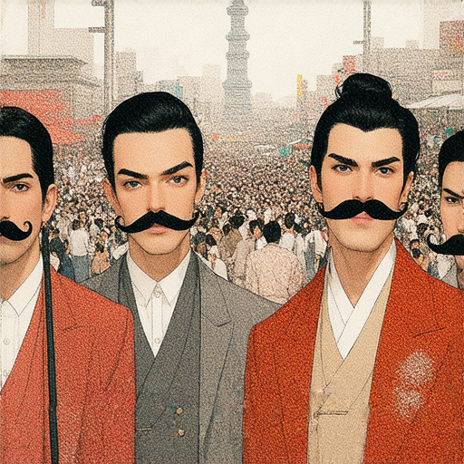 大阪的街景，展示鬍鬚文化的獨特風格，人物穿著傳統服飾，背景有大阪名勝，彰顯該地的秘密與驚奇之旅，捕捉文化與歷史的交融。