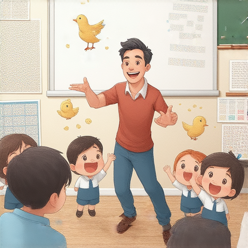 外籍老師和學生互動學習英語的場景，生動有趣的教學方式，學生透過與老鷹捉小雞的遊戲，輕鬆提升英語能力，體驗一對一教學的樂趣與效果。