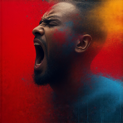 圖片展示一個人正在嘔吐的場景，背後是一幅抽象的藝術作品，象徵生理反應與情感的深層連結，表達讚賞與欣賞的複雜性，讓觀者重新思考身體與情感的交互作用。