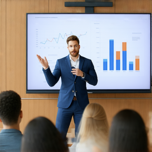 一名專業人士在會議中展示卓越的溝通技巧，透過肢體語言和面部表情，掌握接觸與調整的藝術，讓觀眾保持專注，提升互動效果，展現出強大的溝通能力。