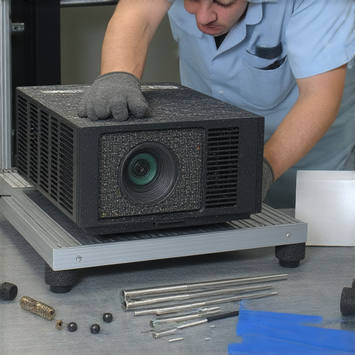 投影機故障維修過程，專業技術人員正在檢查設備，提升影像品質，為用戶提供清晰畫面及優質服務，讓每一場視覺體驗重獲新生。