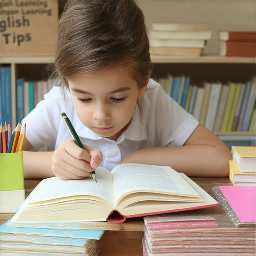 一位初學者正在專注學習英文，桌上擺放著學習資料和筆記，背景有書架和字母標題，表現出從零開始學英文的決心，呈現提升英語能力的5個小技巧。