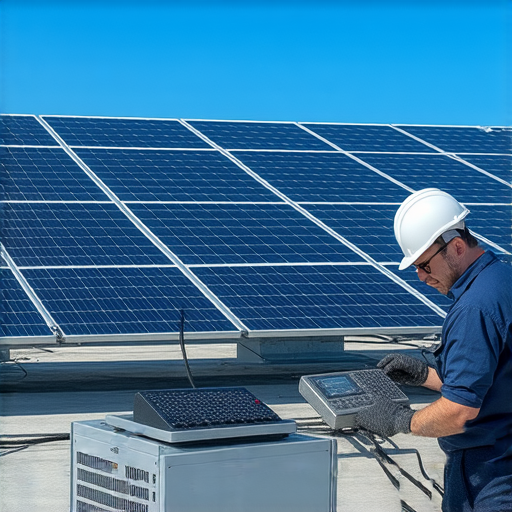 太陽能系統安裝現場，工人調整音響設備與投影機，展示如何透過維修提升能源效率，背景有太陽能板，彰顯綠色能源的重要性與應用。