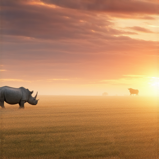 犀牛在廣闊的草原上踱步，火牛在夕陽下奔跑，展示英語世界中兩者之間的驚人聯繫和文化象徵，揭示期望背後的秘密，營造奇妙的視覺對比。