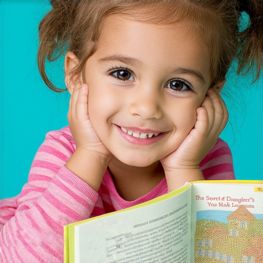 女兒在愉快學習英語的過程中，專注閱讀繪本，臉上洋溢著笑容，周圍環繞著學習用品，突顯《揭開女兒英文學習的秘密：你也能讓她愛上學習！》的主題，展現英語學習的樂趣與魅力。