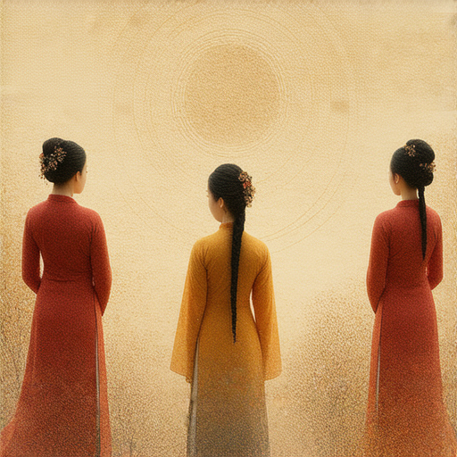 解密子宮與越南文化的驚人連結，展示女性故事的力量與智慧，圖片中展現傳統越南女性穿著，融入符號與自然元素，象徵母性與生命的輪迴。