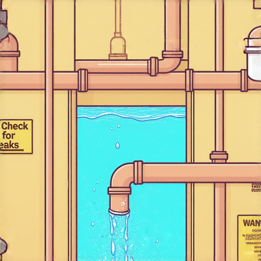 浴室漏水引發的水管問題影響整棟大廈的示意圖，強調及早檢查和維修的重要性，提醒屋主不得忽視漏水情況的潛在危害。