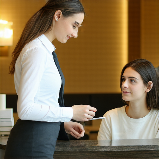 一位外籍老師正在指導學生，提升酒店業的專業英文溝通技巧，背景為現代酒店環境，強調一對一教學的效果，助力學生掌握酒店業英文秘訣。