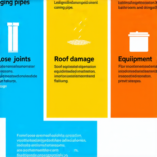 家中漏水的原因分析圖，揭示五大驚人因素，包括水管老化、接頭鬆動、屋頂破損、衛浴設備故障和地板滲水，呼籲立即檢查以避免損失。