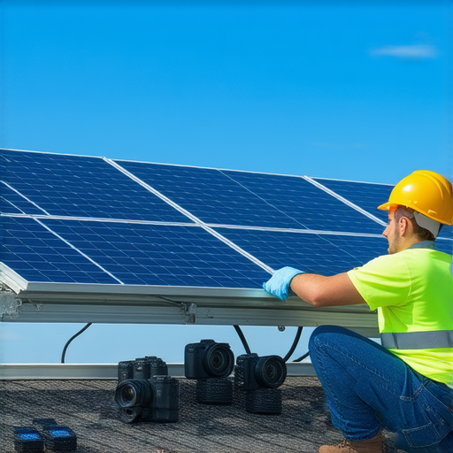 太陽能安裝過程中，專業技術人員正在安裝太陽能板，周圍有工具和音響設備，突顯省錢的優勢，還提供相機維修服務，讓客戶享受高品質體驗。