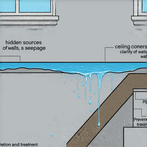 家中滲水問題的示意圖，展示牆角、天花與窗台的滲水現象，突顯隱藏的水源原因，幫助了解如何預防與處理滲水問題。