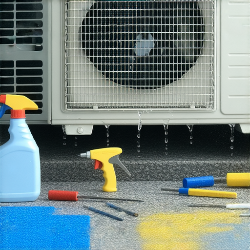 冷氣出現滴水現象的室內場景，顯示冷氣機及滴水情況，周圍有修理工具，強調解決冷氣滴水問題的有效方法，吸引讀者點擊了解更多解決辦法。