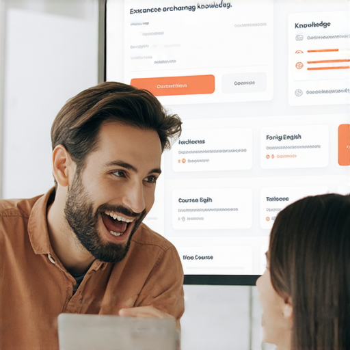 一位外籍教師與學生進行一對一英語課程，互動學習中，提升英語能力，背景顯示線上學習平台，探索更多外籍英文課程的選擇，讓你的英語快速進步。