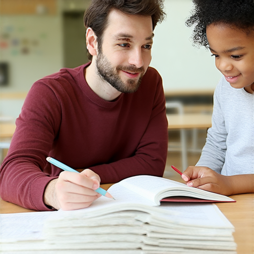 外籍教師與學生一對一互動，學習英語，桌上有教材與筆記，背景呈現教學環境，展現烙印英語教學服務的專業與親切。
