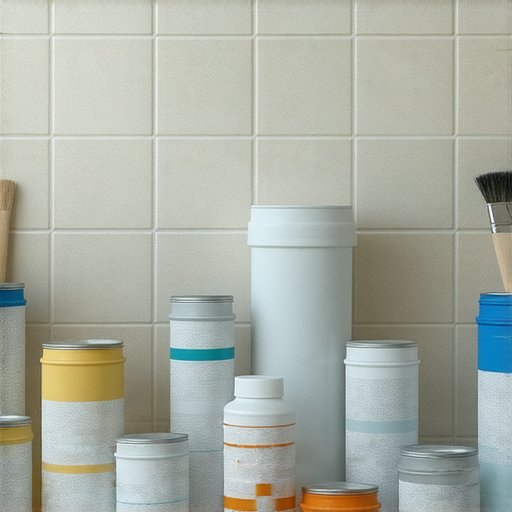 浴室防水材料展示，包含不同種類的防水塗料與工具，背景為正在施工的浴室環境，強調選擇正確材料與報價指南，讓用戶掌握防水技巧，避免漏水困擾。