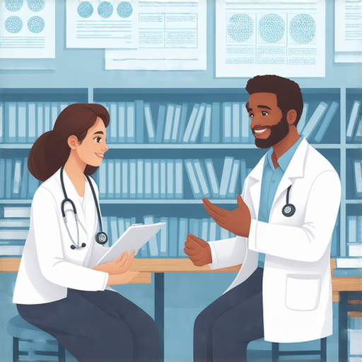 醫生學習英語的場景，外籍老師與學生一對一互動，強調流利表達的重要性，適合希望增強醫學英語溝通技巧的學習者。