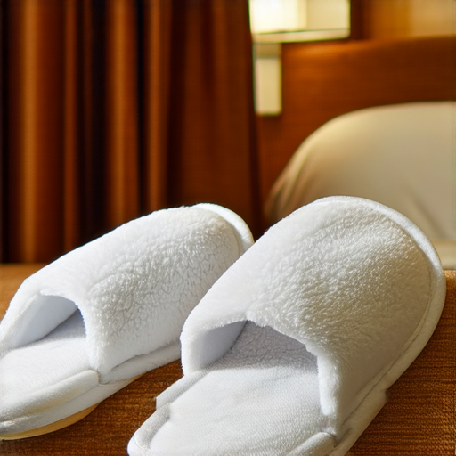 酒店拖鞋的特寫，展現其柔軟細膩的質感，背景為精緻的酒店房間環境，提醒旅客在旅行中放鬆心情，探索獨特的住宿體驗，學習如何用英語分享旅行故事。