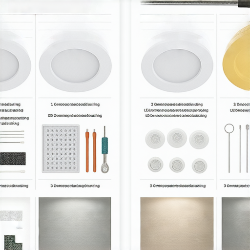 全新照明體驗，顯示輕鬆更換LED崁燈與射燈的步驟，展示各種工具和材料，適合家庭修繕，讓用戶輕鬆掌握照明安裝知識。