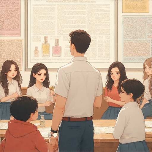 探索香精的奧秘的圖片，展示外籍老師教學場景，學生積極參與，提升英語表達技能，強調學習與香精文化的結合，鼓勵立即預約課程。