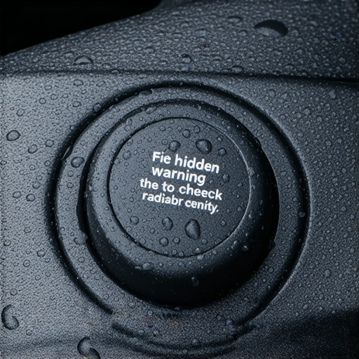 一輛汽車的水箱特寫，顯示密閉蓋及周邊部分，表面有水珠，背景為車 Engine compartment，標題提醒檢查水箱狀態的五個隱藏警訊，強調維護汽車的重要性。