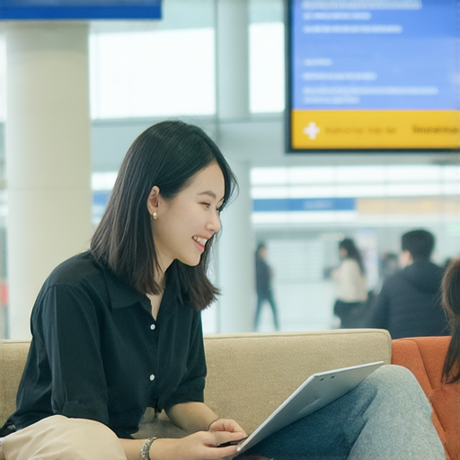 福岡機場內部景觀，外籍老師一對一教學場景，輕鬆溝通的英文學習，指引旅客如何有效使用英語交流。