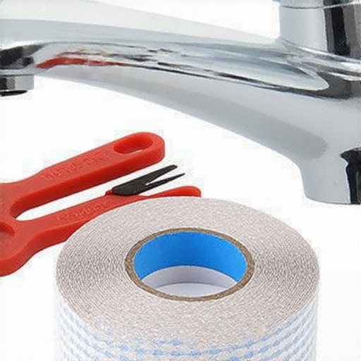 水龍頭防水膠帶的特寫圖，展示其防水效果和易於使用的特性，搭配工具和漏水修復場景，是解決漏水的理想選擇，幫助用戶選擇合適的產品。
