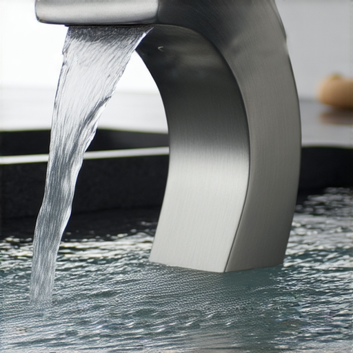 瀑布水龍頭特寫，展現其獨特的設計與流暢的水流，背景模糊，強調其美學與功能，適合用於現代浴室或廚房的創意裝置。