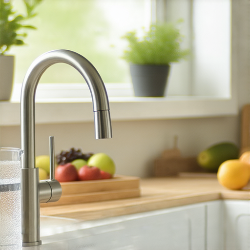 輕鬆安裝的水龍頭濾水器，濾除雜質，提供潔淨水源，讓你享受健康的生活。展示使用濾水器的家庭場景，突顯其簡單方便的特性。