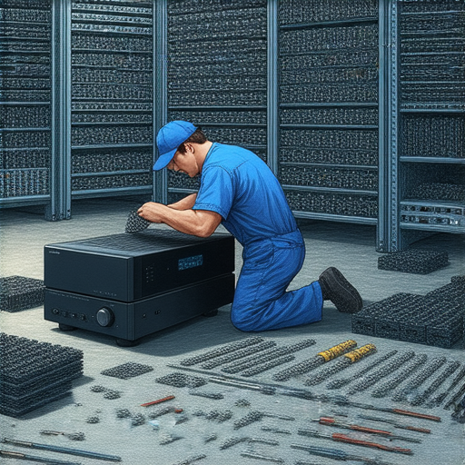 AV接收器故障維修的示意圖，展現專業技術人員檢查設備，提升影音體驗的關鍵秘訣，修復過程中使用工具與部件，強調維修的重要性。