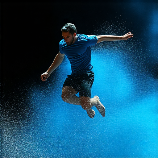 電制跳技巧的示範圖，展示運動者在空中跳躍，強調此技巧如何提升身體力量和靈活性，並改變日常生活。背景有運動場地，突顯運動的活力與靈動。