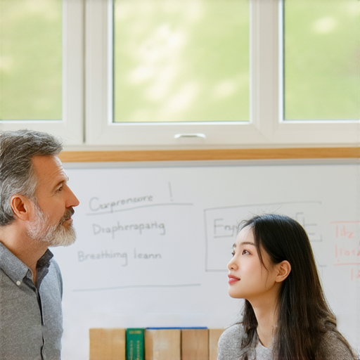 徹底掌握腹式呼吸的學生在外籍老師指導下進行一對一教學，提升英文口說能力，專注於練習發音和語調，創造良好的學習氛圍。