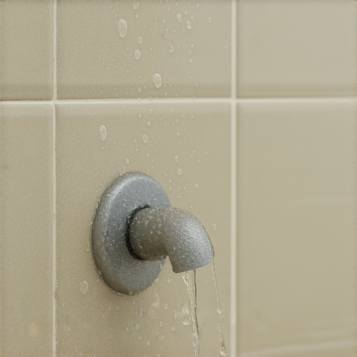 浴屏漏水的現象，顯示排水系統和浴室牆面之間的滲水問題，警示檢查浴室水管及維護，避免進一步的水損與不便，保持浴室乾燥的必要性。