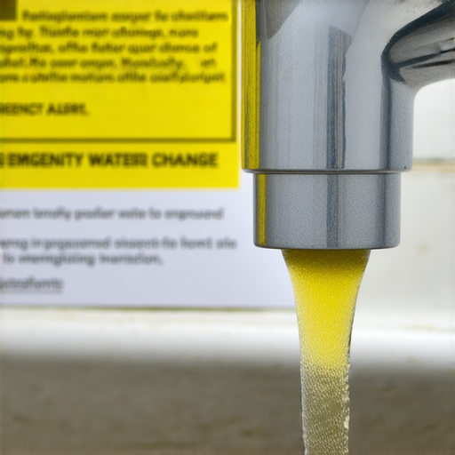 停水警報下的水龍頭，水流變為黃色，說明水質問題。背景顯示緊急通知及居民反應，揭示突然變色的原因，提醒大眾注意飲用水安全。