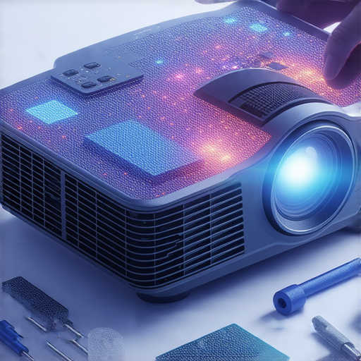 智慧投影機大揭秘，展示720p高畫質影像的維修秘訣，圖中包括投影機的內部結構，專業維修工具，以及進行維修的專家，強調畫質提升的技巧。