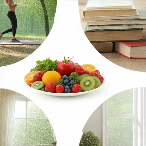 提升生活質量的五個小習慣，包含清晨運動、健康飲食、定期閱讀、寫日記與冥想的圖片，展現這些習慣對生活的正面影響，鼓勵立即行動改善生活品質。