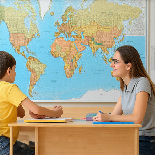 一位外籍老師在教室中與學生進行一對一的英語教學，學生集中聆聽，提升英語能力，背景有英語學習相關的圖像，展示探索英文的目的地。