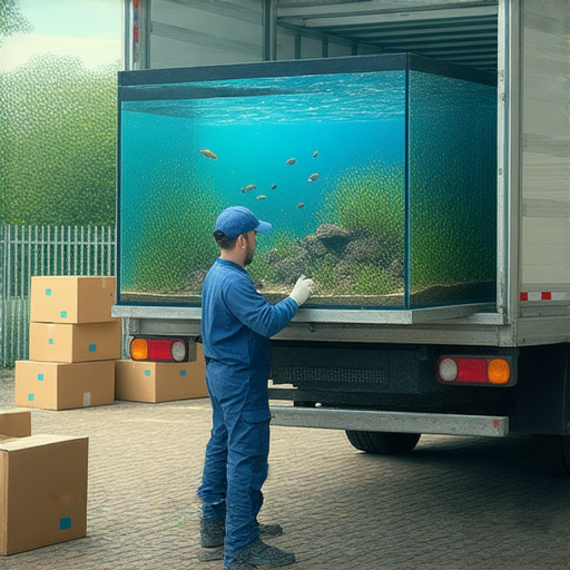 魚缸搬運過程中，搬運工人小心翼翼地將大型魚缸裝上貨車，旁邊擺放著運輸用品。本文揭密魚缸搬運費用及省錢小技巧，輕鬆搬運無負擔！