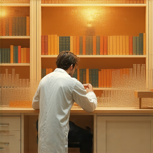 一位專注的研究人員在實驗室中探索矛盾與鼻涕之間的奇妙關聯，周圍擺滿書籍與實驗器材，揭示出鮮為人知的真相，邀請觀眾深入了解。