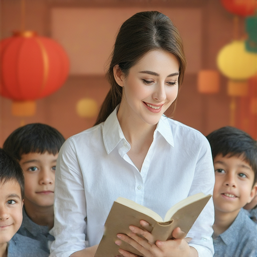 一位外籍老師與學生互動，教授流利英文，背景為香港節日熱鬧場景，展示多彩的慶祝活動，吸引學生報名學習，揭秘香港節日趣聞。